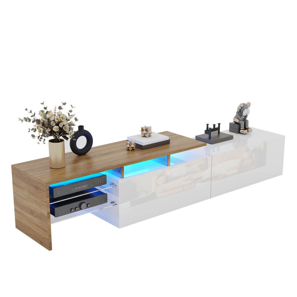 Mobile TV moderno 170 cm bianco e naturale con ripiani in vetro e LED a 16 colori