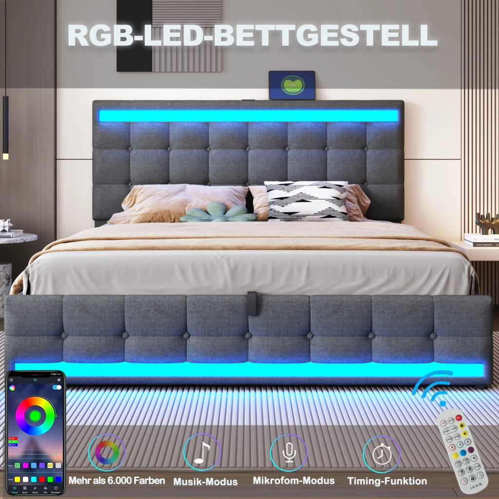 Letto imbottito 180 x 200 cm con contenitore idraulico, porta USB e striscia LED a colori variabili, letto singolo in lino, Grigio