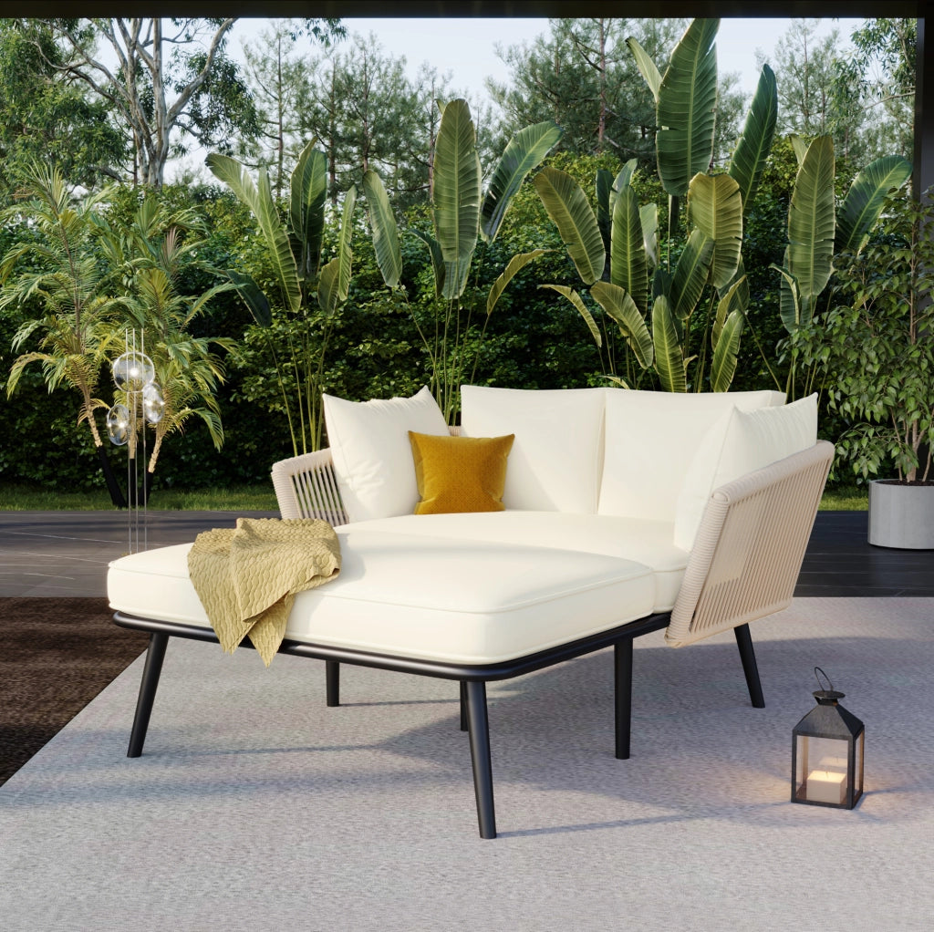 Sofa da giardino con 2 cuscini rimovibili e lavabili, lettino prendisole per esterni, color beige