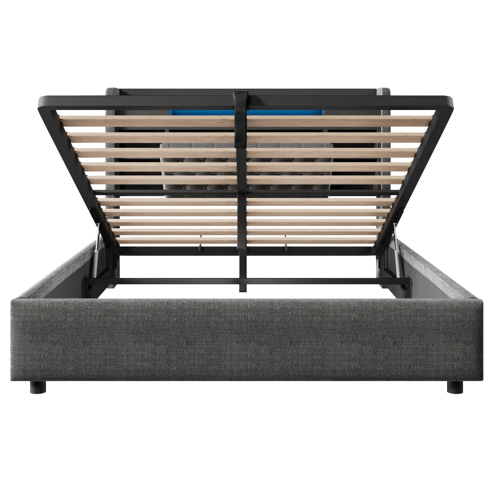 Letto 140x200 cm con contenitore idraulico, LED, USB e USB-C in lino grigio