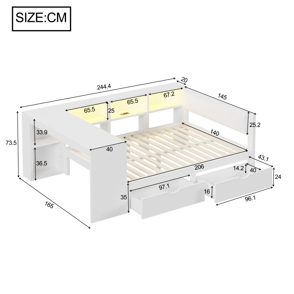 Letto Contenitore Imbottito 140x200 cm con Cassetti; LED; USB; Bianco