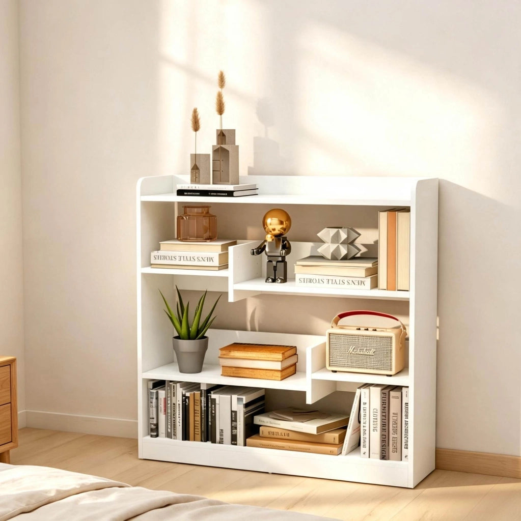 Libreria bianca in truciolare E1, 90x24x91 cm, con 4 ripiani regolabili