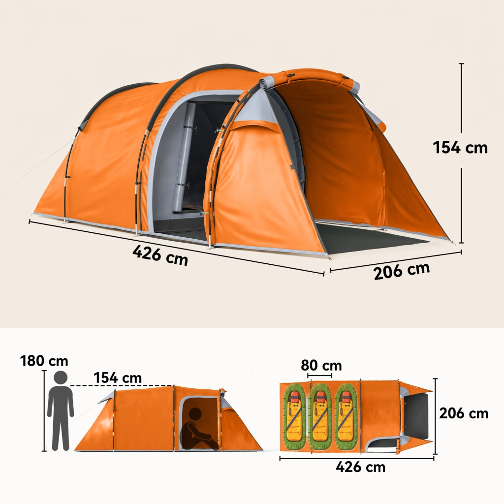 Tenda da campeggio a tunnel per 2 persone con veranda e gancio lampada, impermeabile 2000 mm, arancione