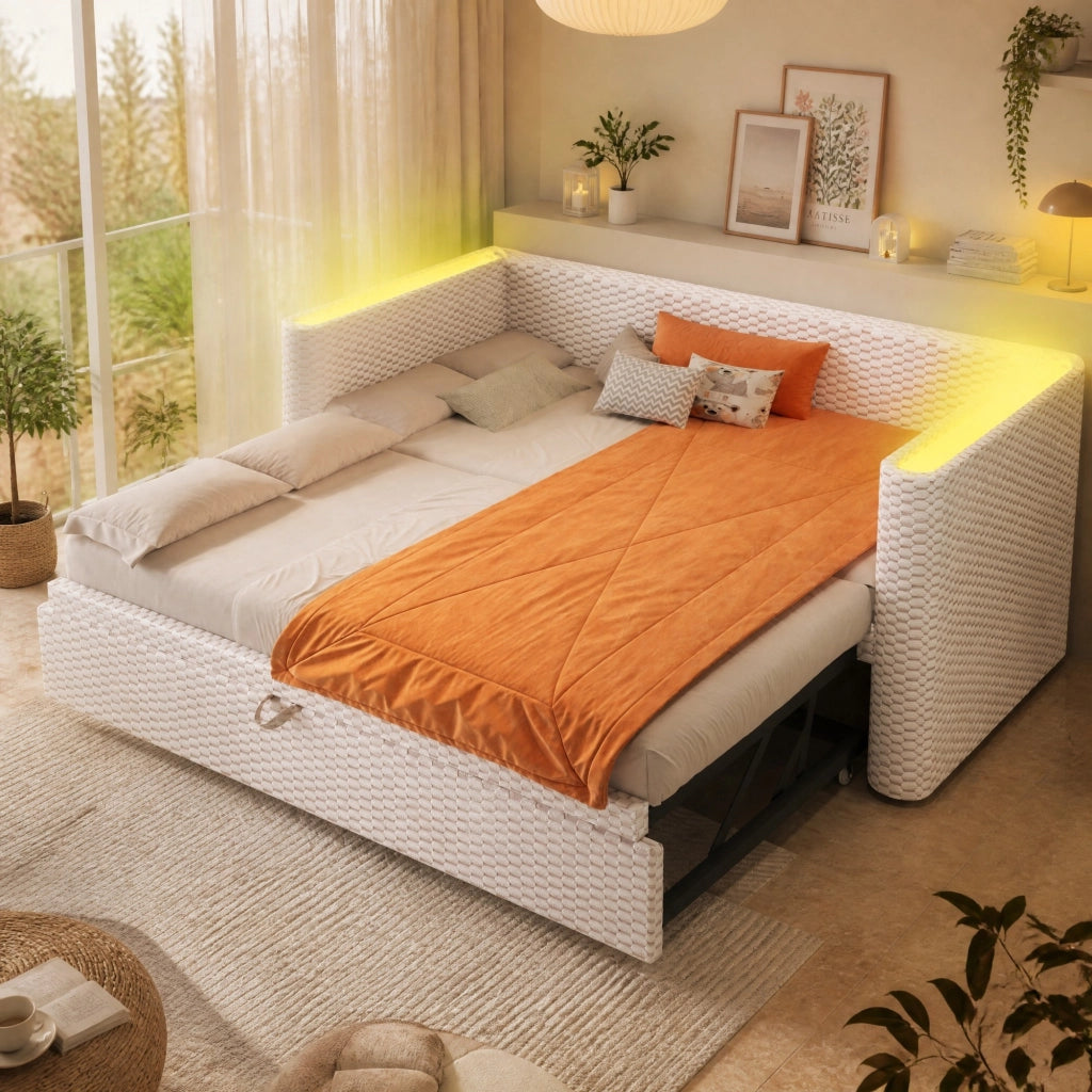 Letto estraibile 90x200 cm trasformabile in letto matrimoniale 180x200 cm in velluto beige con LED HOMVRA