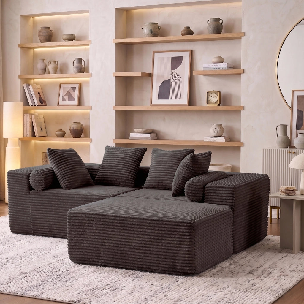 Divano modulare angolare con chaise longue, configurazione flessibile, in schiuma e molle nero, 266×110×60,01 cm