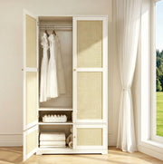 Armadio a Due Ante in Legno 90 x 48 x 180 cm con Ante in Rattan Bianco - Ideale come regalo per Halloween e Natale