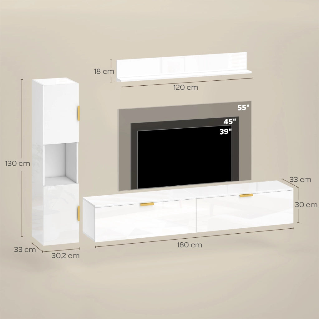 Mobile TV Sospeso a Parete 180 cm con Ante a Ribalta Mobile Porta TV Bianco Lucido Salvaspazio Design Moderno per Soggiorno