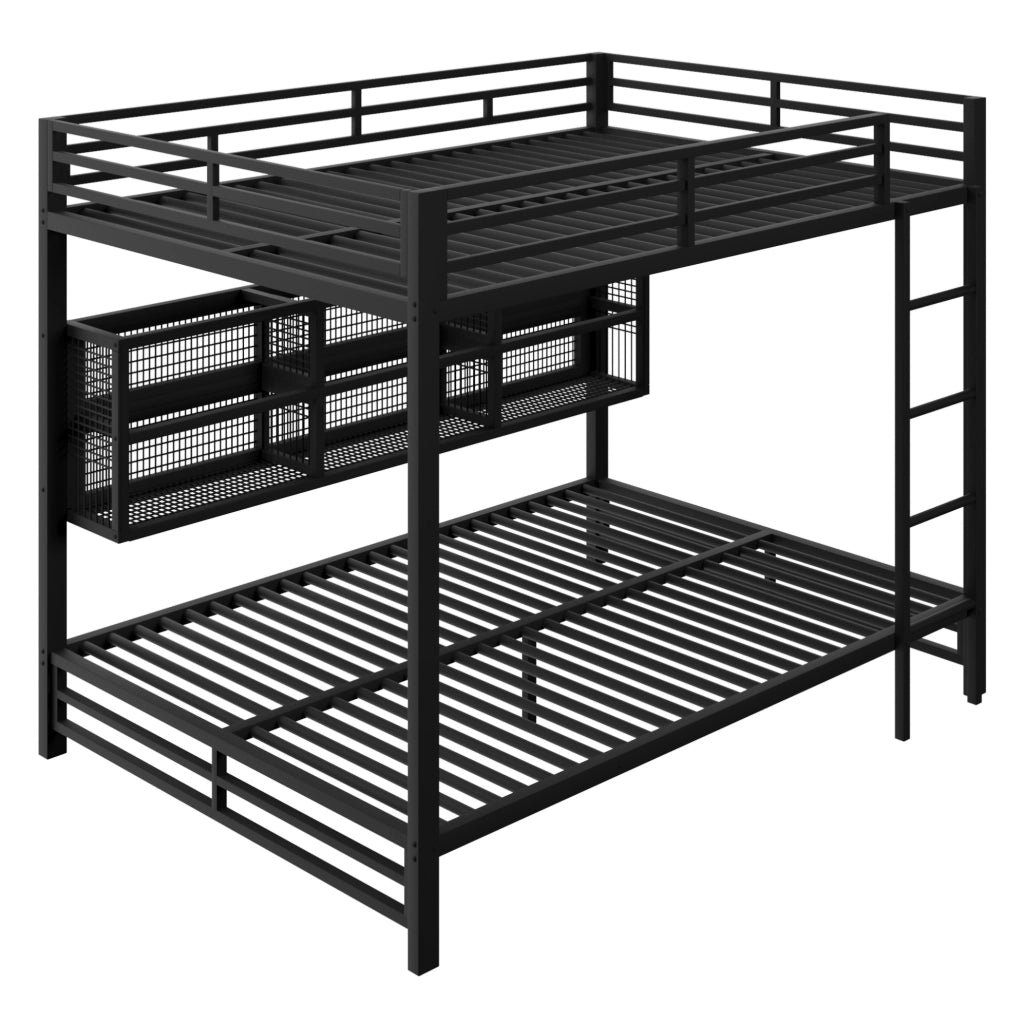 Letto a castello 140x200 cm in metallo nero con 6 armadietti e LED HOMVRA
