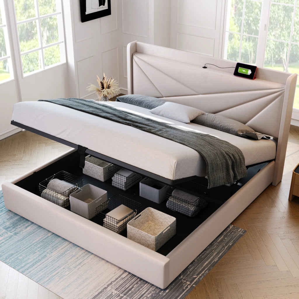 Letto matrimoniale contenitore 140x200 con ricarica USB e Type-C