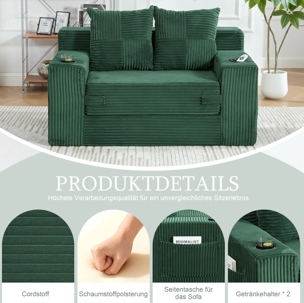 Pouf divano in velluto a coste verde smeraldo con tasche laterali; 151 x 133 x 64 cm