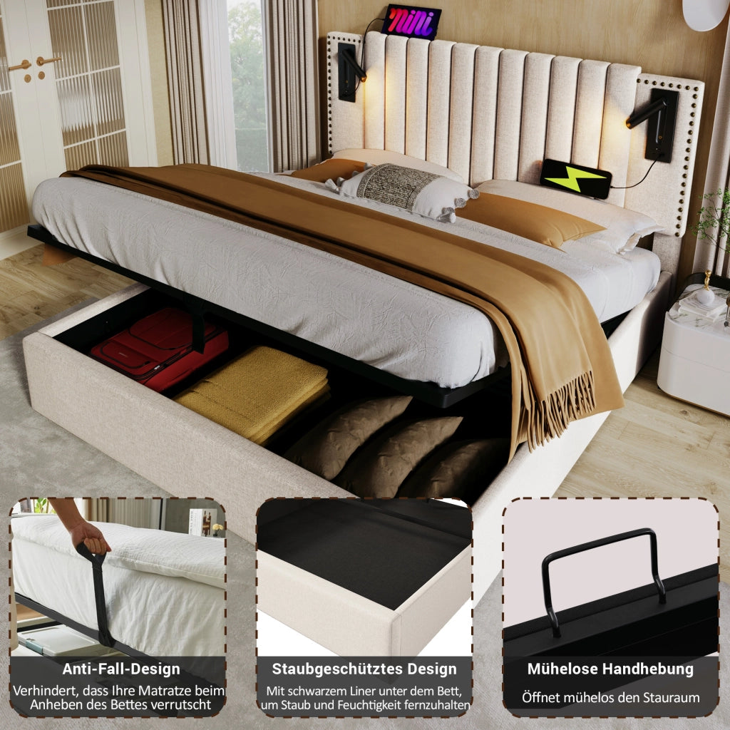 Letto per adulti 180x200 cm con vano contenitore; luci da lettura e porte USB/Type-C; cotone beige