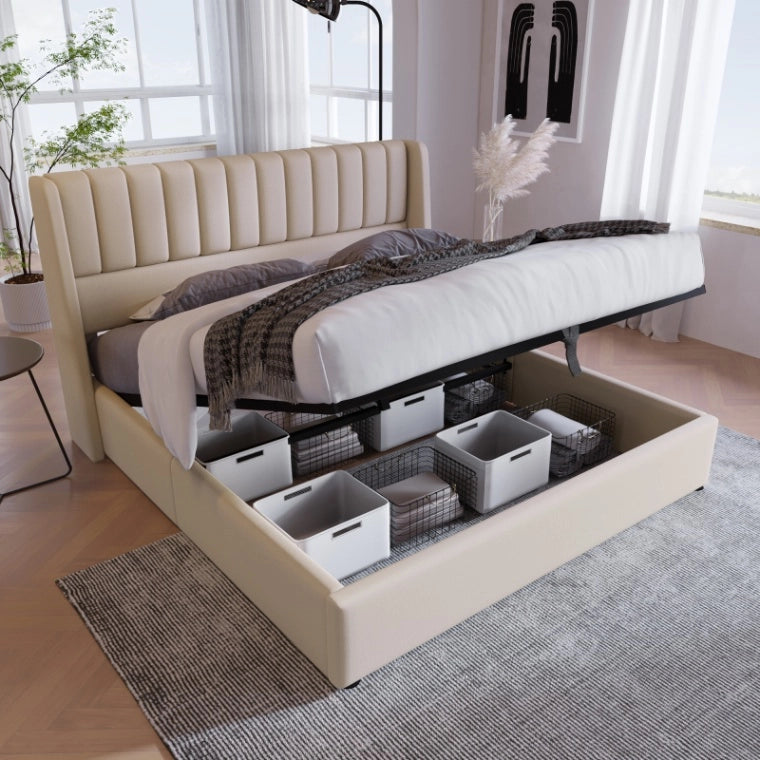 Letto Contenitore Matrimoniale 160x200 cm; Letto Imbottito in Lino Beige con Testiera; Rete a Doghe e Sollevamento Idraulico; Struttura Letto