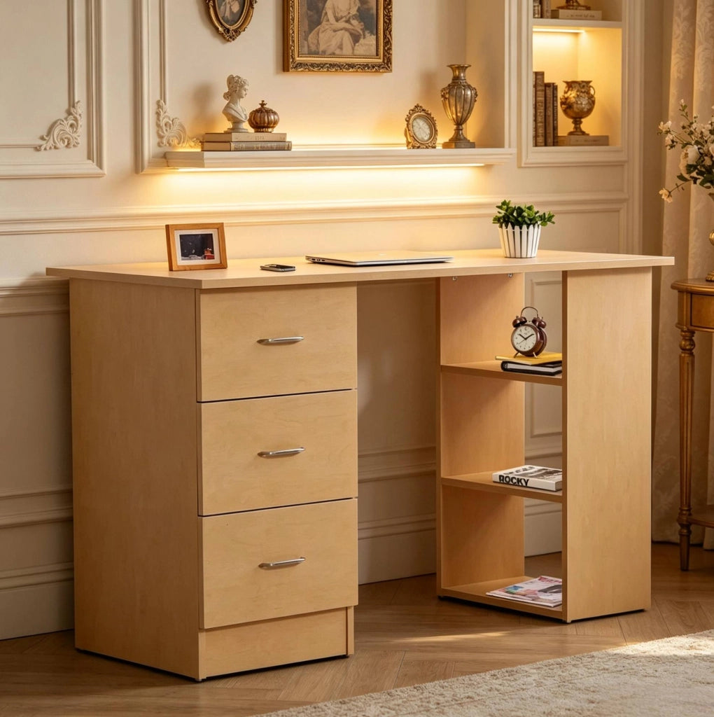 Scrivania ULEVR 120x49x72 cm con 3 cassetti e 3 ripiani reversibili, effetto legno chiaro