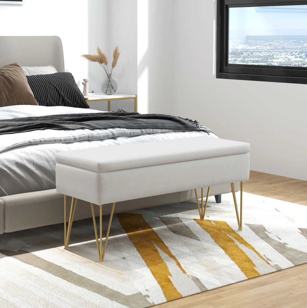 Panca contenitore imbottita in tessuto effetto lino crema con strutture in acciaio, 100 x 40 x 49 cm