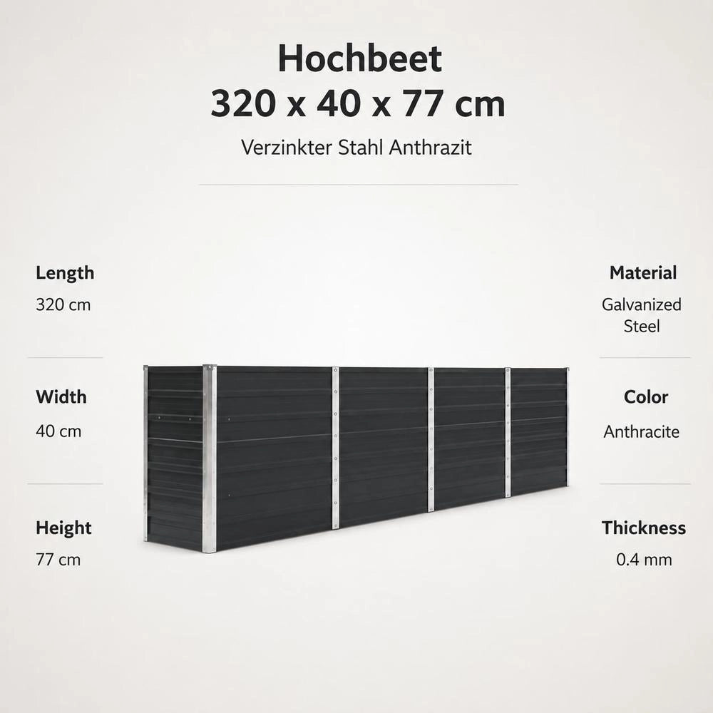 Raised Bed 320 X 40 X 77 Cm Galvanized Steel Anthracite