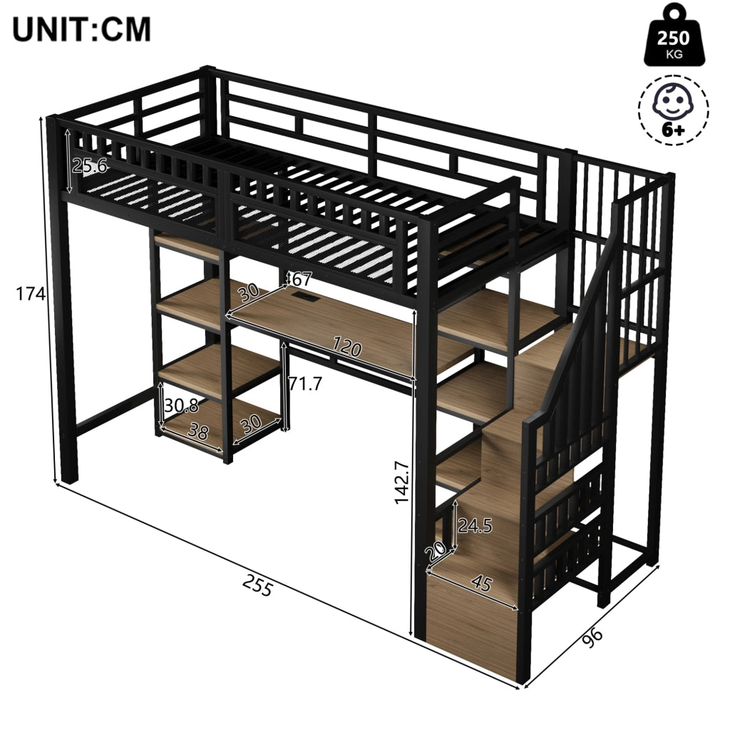 LETTO a soppalco con scrivania 90x200 cm metallo nero