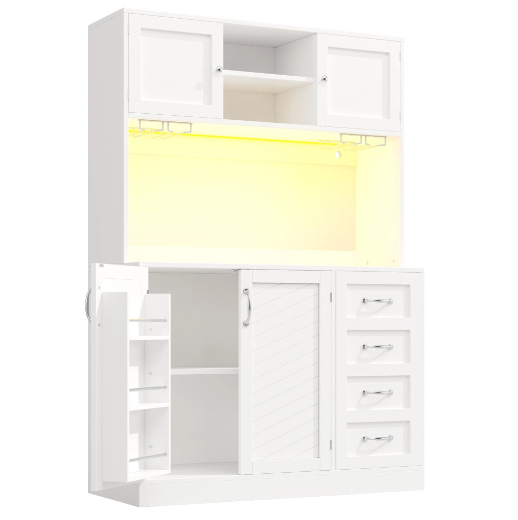 Credenza alta 120x40x188 cm in MDF con LED, 4 ante, 2 cassetti e vani porta bottiglie per cucina
