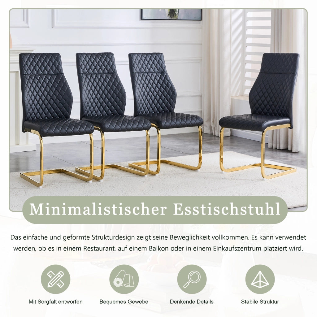 Sedie da sala da pranzo set 2 con schienale alto ergonomico e imbottitura, in similpelle PU nera e metallo dorato
