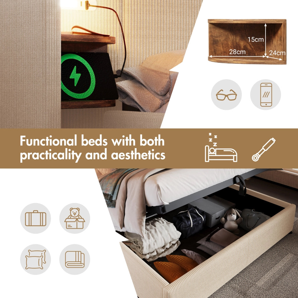 Letto matrimoniale 180×200 cm 2 posti con contenitore; mensole; luci da lettura USB e Type-C; senza materasso; beige