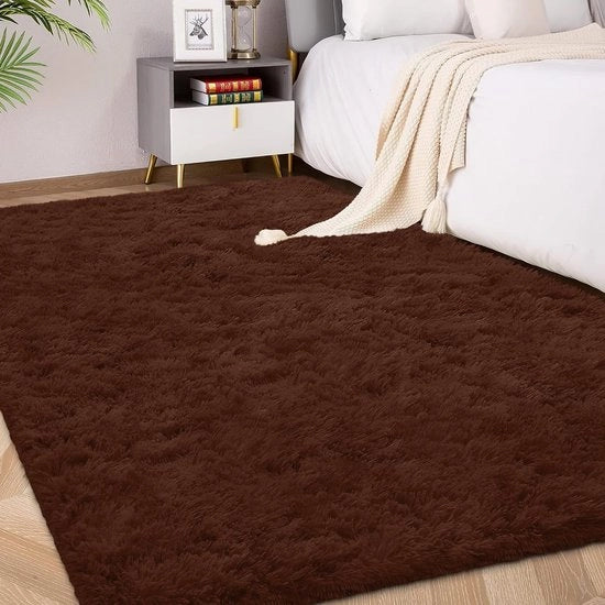 Tappeto Fluffy alto 90x150 cm marrone | Tappeto extra morbido e antiscivolo per soggiorno/camera da letto | Tappeto accogliente per bambini e animali domestici