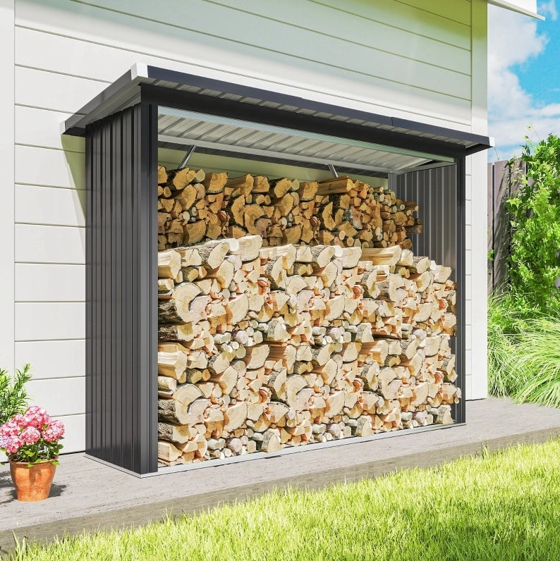 Brennholzschuppen in acciaio con base rialzata e tetto inclinato 213 x 66;5 x 144/150 cm; grigio scuro