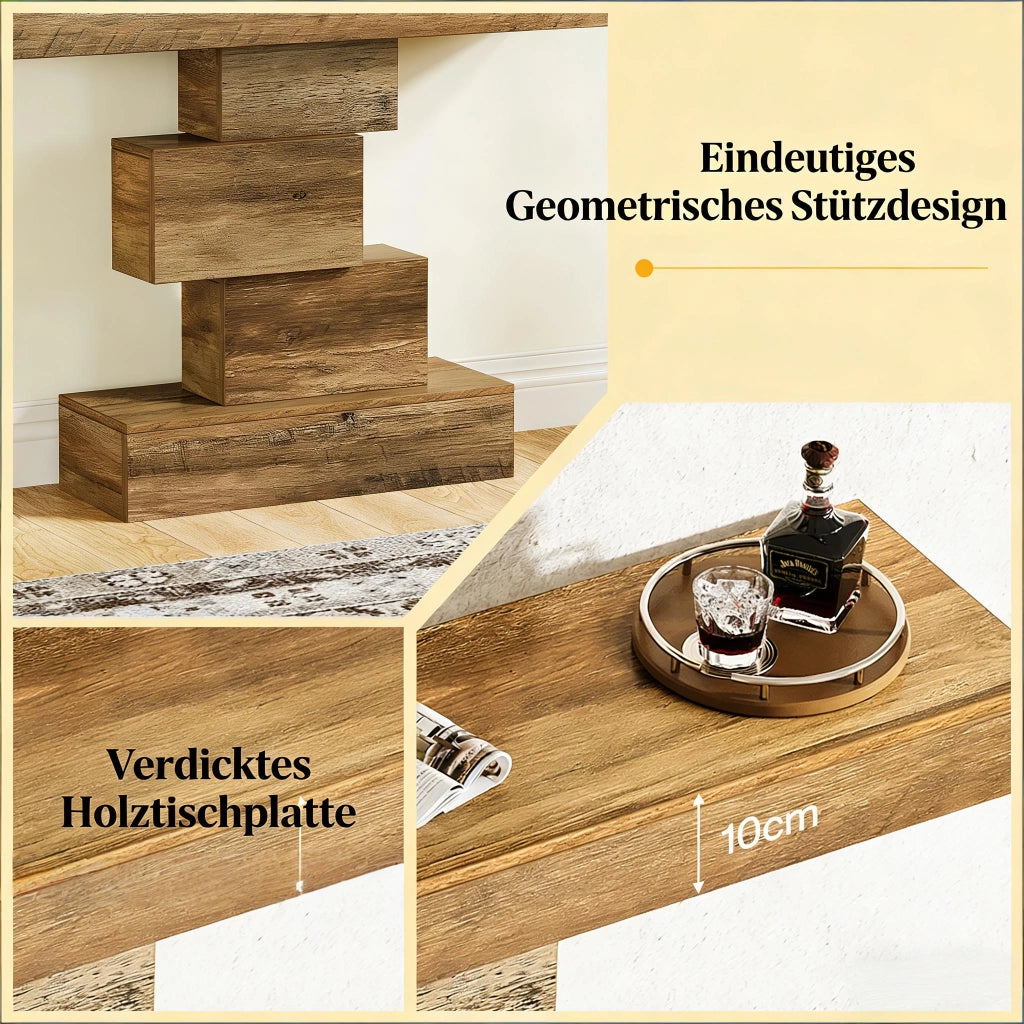 Consolle con base geometrica a gradini per ingresso, in pannelli truciolari E1 marrone chiaro, 108 × 30 × 80 cm
