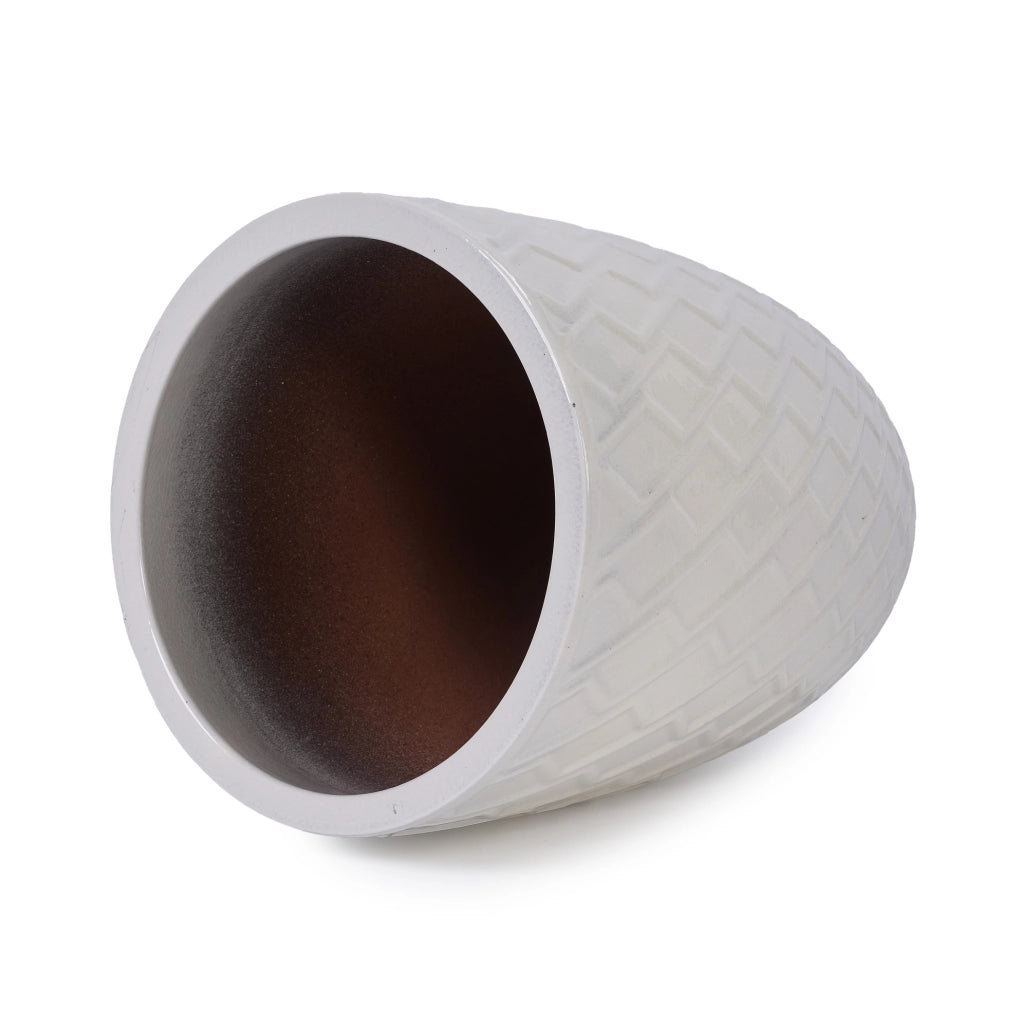 Grande Vaso da Fioriera in Ceramica Artigianale, 42 cm di Diametro × 54 cm di Altezza, Bianco Lucido con Motivo a Rombo, Traspirante e Resistente al Gelo con Fori di Drenaggio