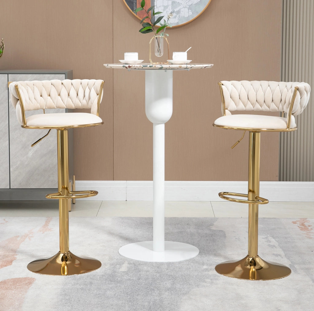 Set di 2 sgabelli da bar con rivestimento in velluto, altezza regolabile, base in ferro dorato, 54x46x78,5-97 cm