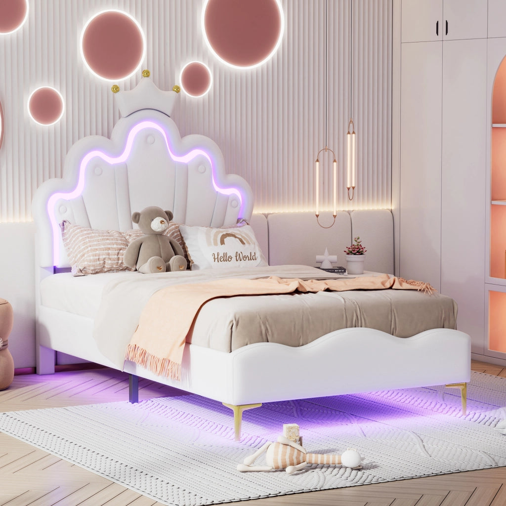 Crown Shape Princess Single Bed 90x200cm con strisce LED in PU bianca