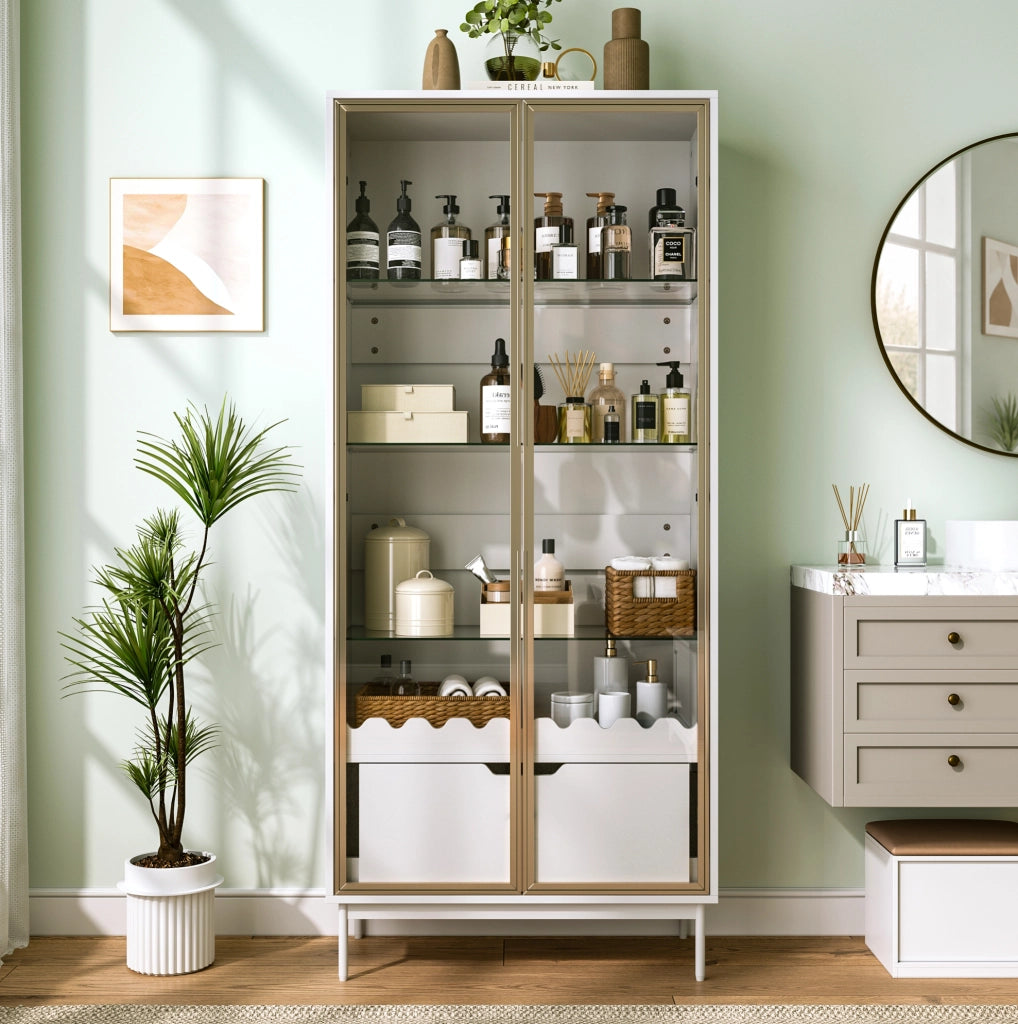 Mobile alto contenitore in MDF bianco e oro con ripiani regolabili e cassetto