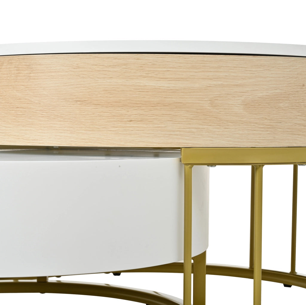 Set di 2 tavolini rotondi con piano sollevabile e cassetto in MDF bianco e oro