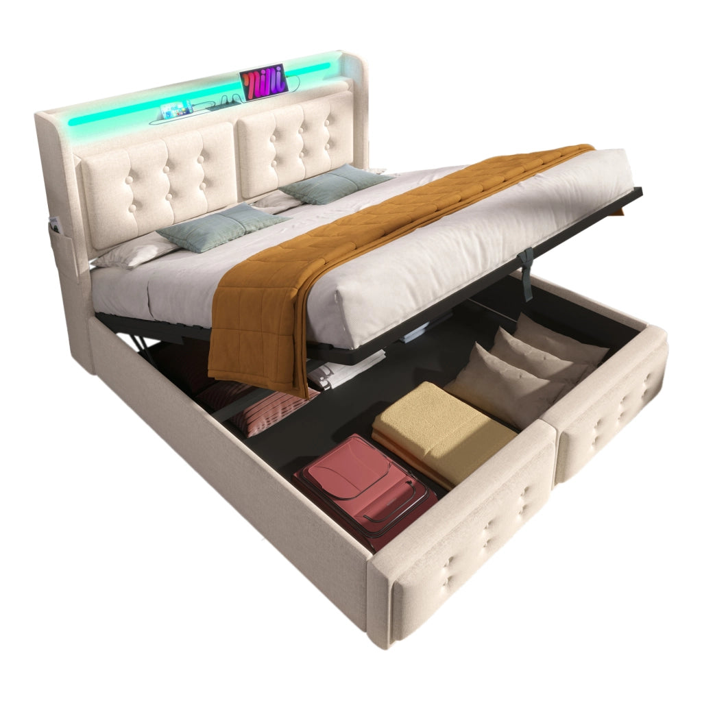 Letto imbottito 140x200 cm con LED; USB e Type-C; beige
