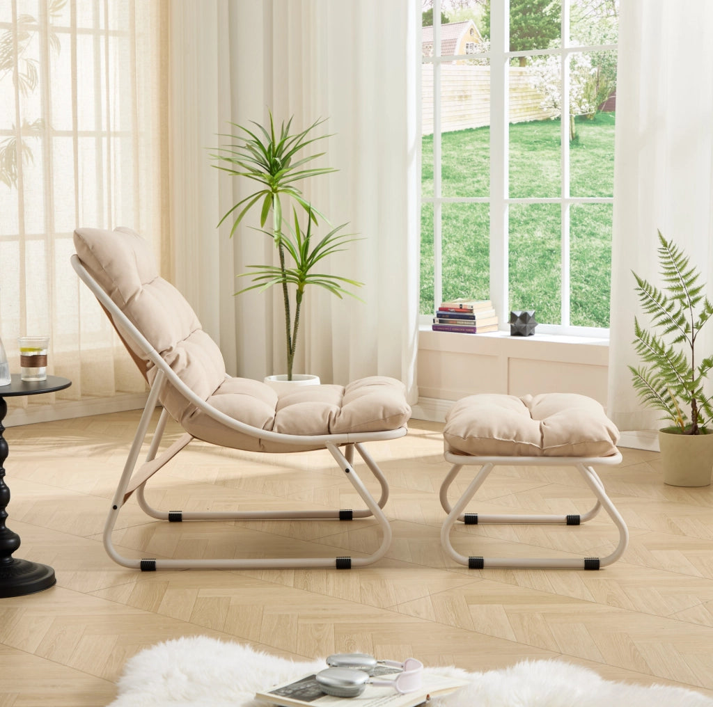 Sedia Lounge da Giardino con Poggiapiedi e Cuscino Beige in Acciaio