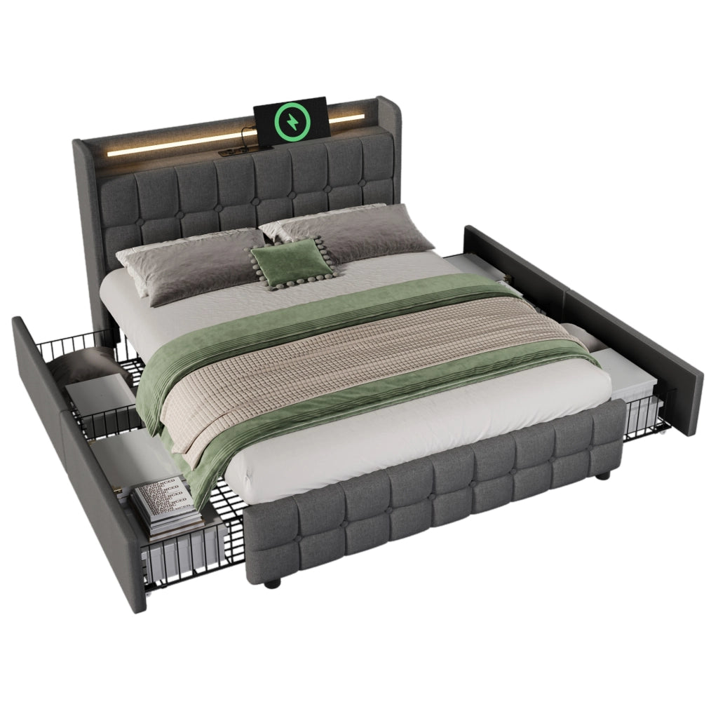 Letto matrimoniale 140x200 cm con LED, prese USB e 4 cassetti