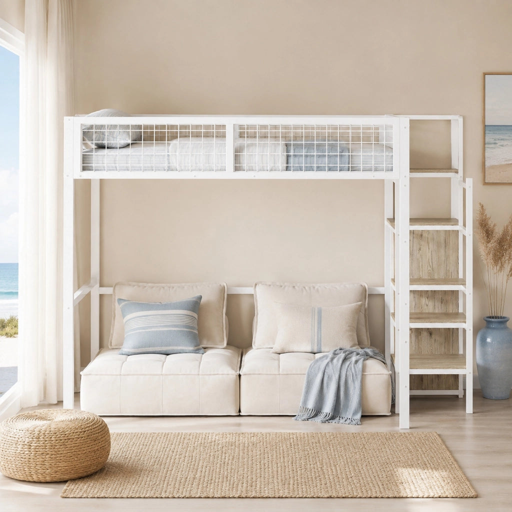 Letto a soppalco 140 × 200 cm con scala e armadio struttura in metallo e MDF bianco