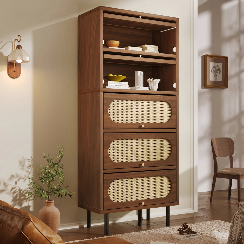 Madia con 5 ante a ribalta in legno effetto noce e rattan con gambe in metallo 80 × 40 × 163 cm