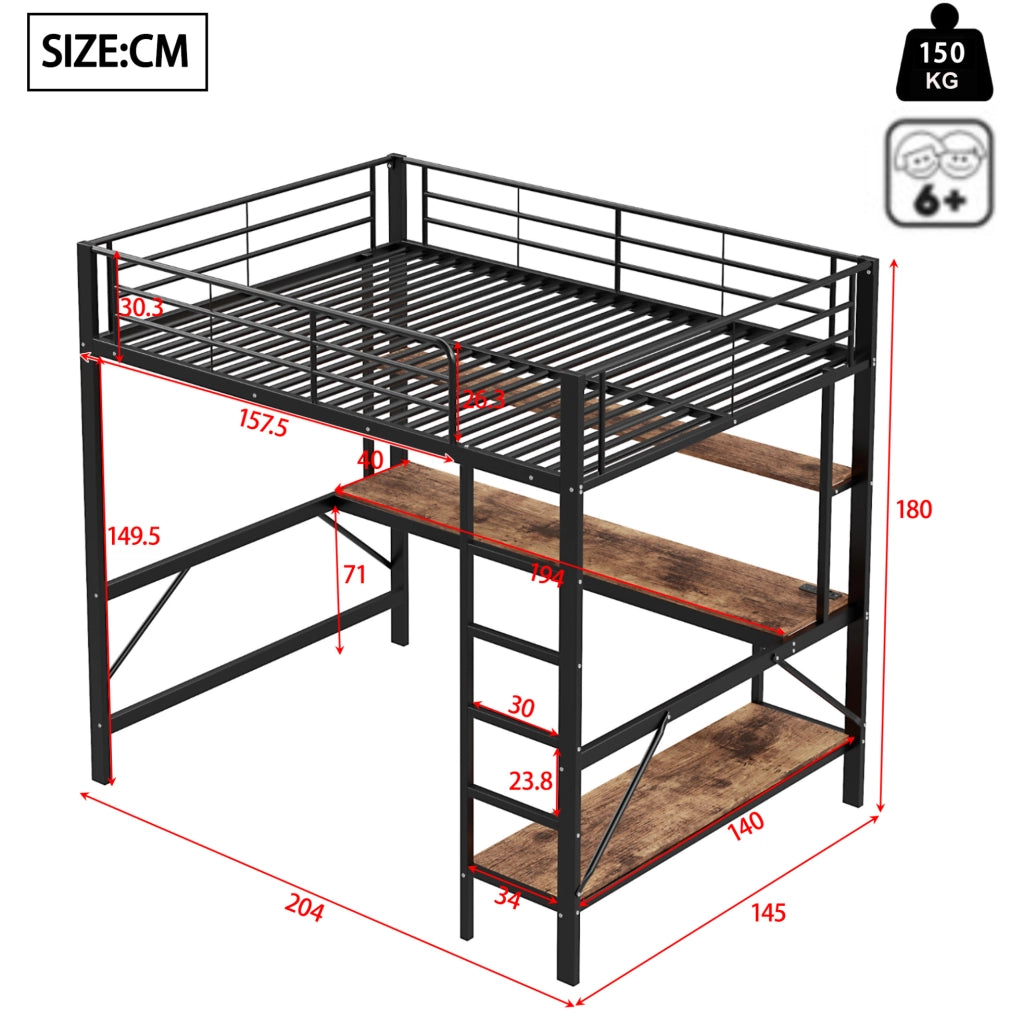 LETTO a soppalco 140x200 cm Metallo Nero con scrivania, ripiani, LED, USB