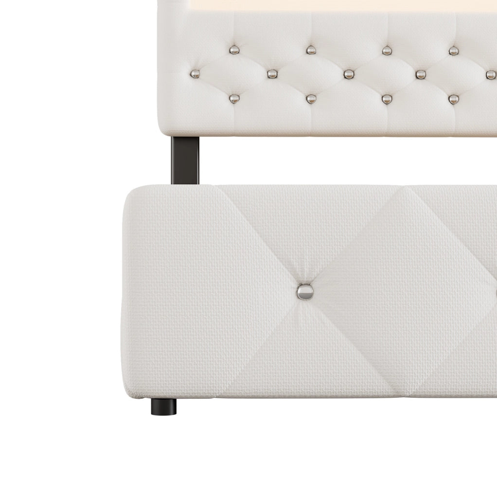 Letto matrimoniale imbottito 140x200 cm con letto estraibile, 2 cassetti e comodino con striscia luminosa, bianco