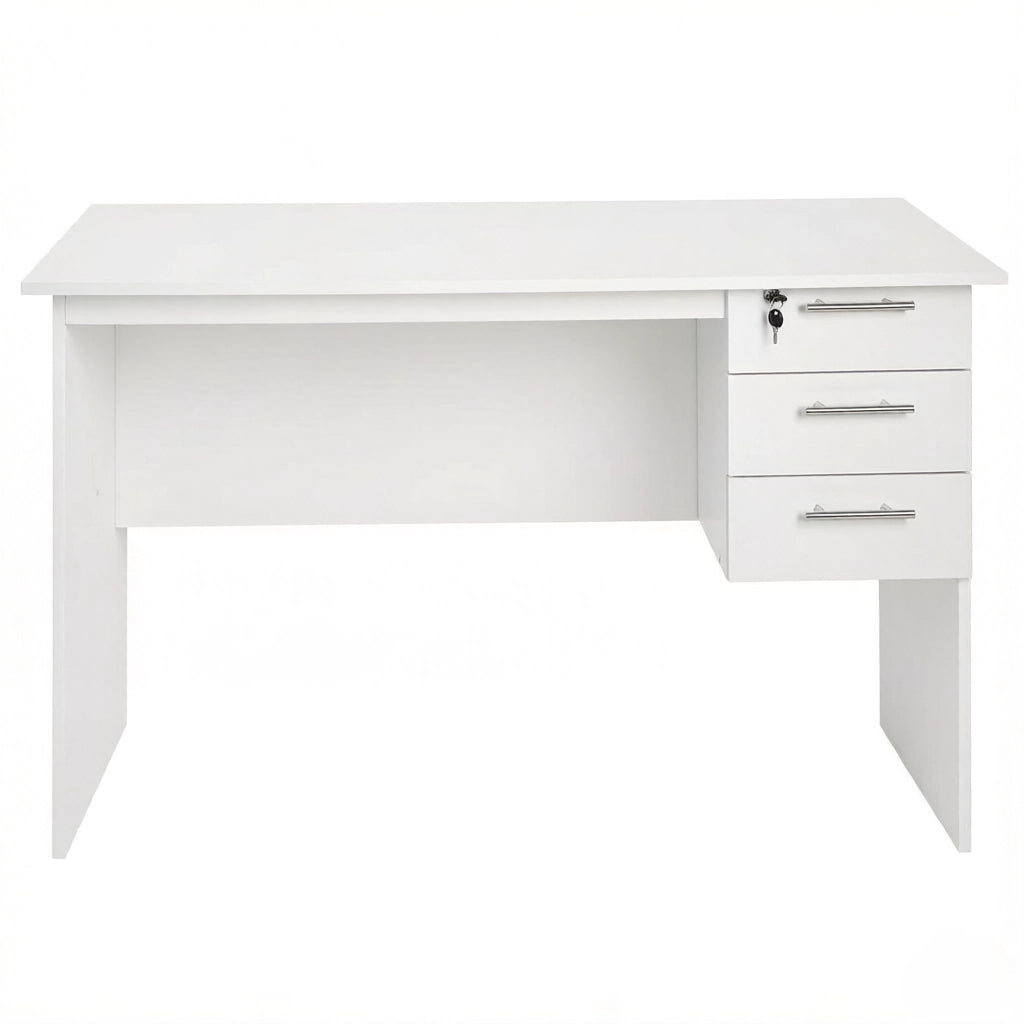 Scrivania dritta per computer con 3 cassetti e serratura, per ufficio e studio, in legno bianco, 120 × 59 × 75 cm