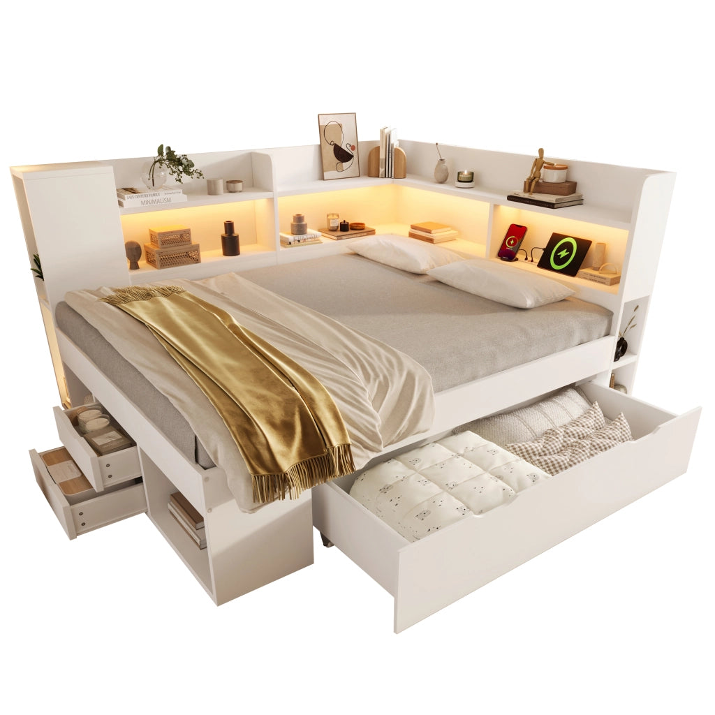 Letto Matrimoniale 140x200 cm Bianco in Legno con Cassetti; Mensole; Prese USB e Illuminazione LED