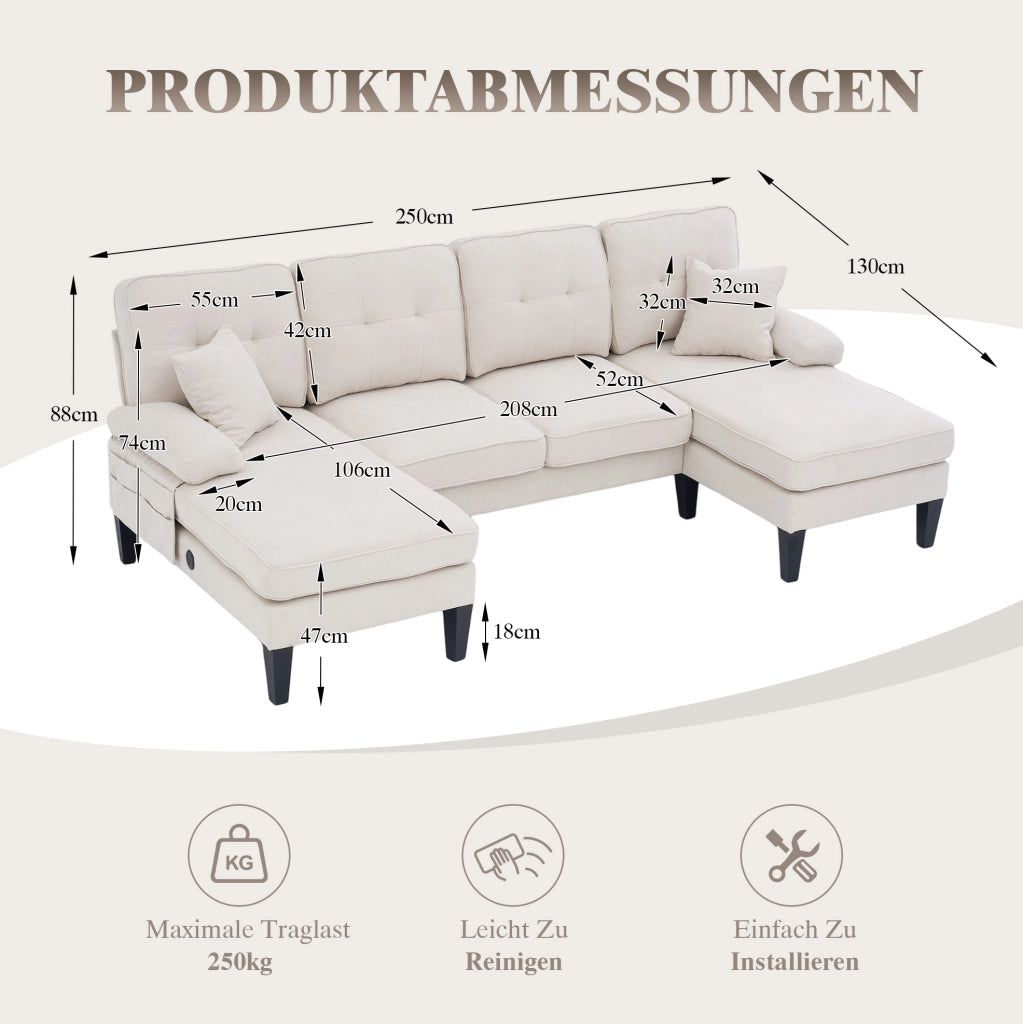 Divano angolare a U 4 posti in lino beige con chaise-longue e schienale moderno
