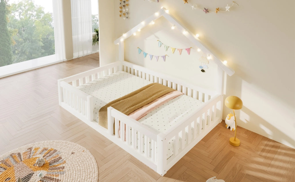 Letto per bambini a casetta 90 × 200 cm con barriera di sicurezza in legno bianco con luci LED
