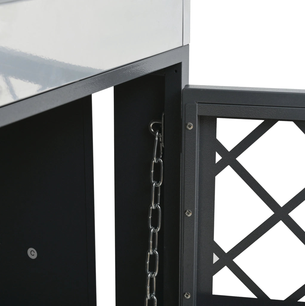 Armadio per bidoni raccolta differenziata con fioriera integrata, struttura in acciaio zincato, design con ventilazione a rombi e finitura effetto legno, chiudibile a chiave