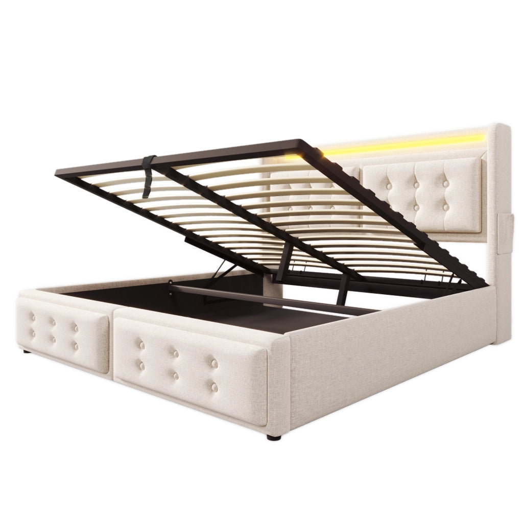 Letto matrimoniale imbottito 140x200 beige con contenitore