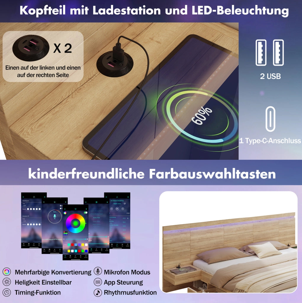 Letto contenitore con comodini integrati, illuminazione LED e ricarica USB