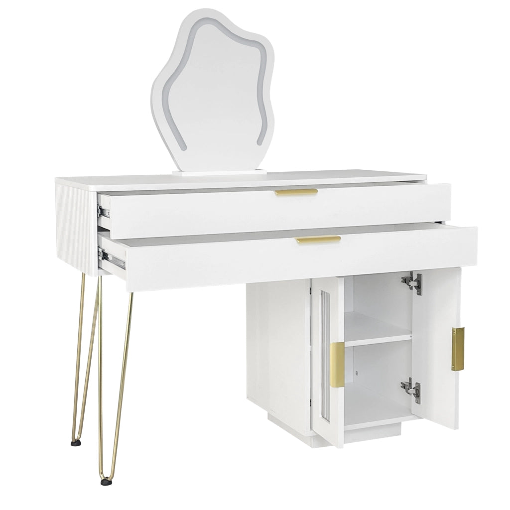 Toeletta con specchio LED 100x40 cm; 2 cassetti e modulo laterale scorrevole bianca HOMVRA