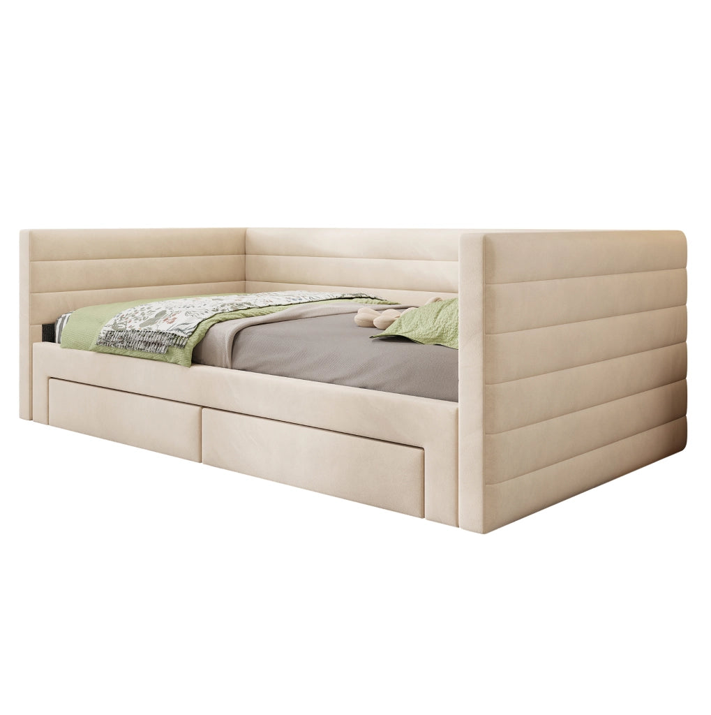 Letto imbottito 3-in-1 con 2 cassetti; divano e letto estraibile 90x190/180x190 cm; beige