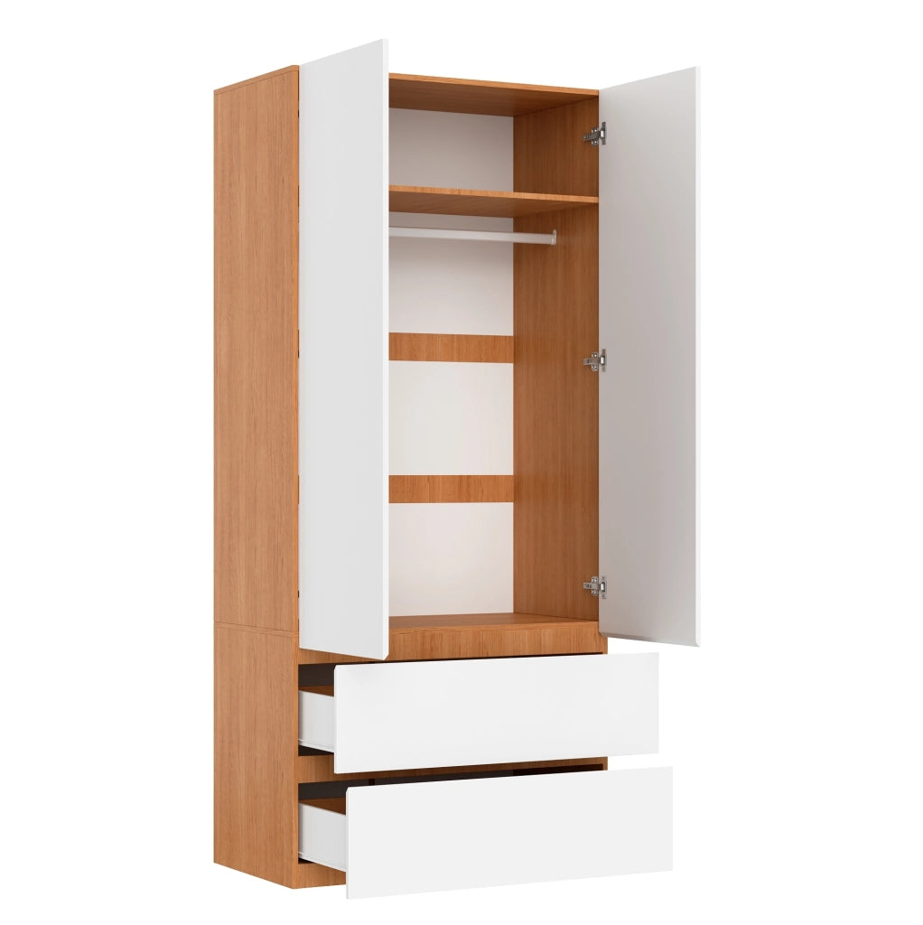 Armadio guardaroba con 2 ante, 2 cassetti, 1 barra appendiabiti, 90x50x200 cm, bianco con finiture rovere