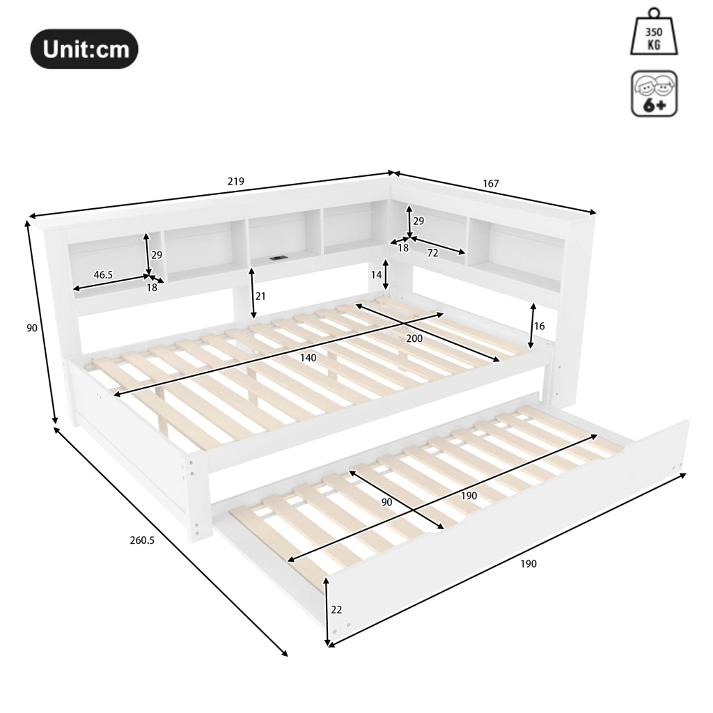Letto divano 140 × 200 cm 2 posti; 2 cassetti; presa e 2 USB; con letto estraibile 90 × 190 cm; senza materasso
