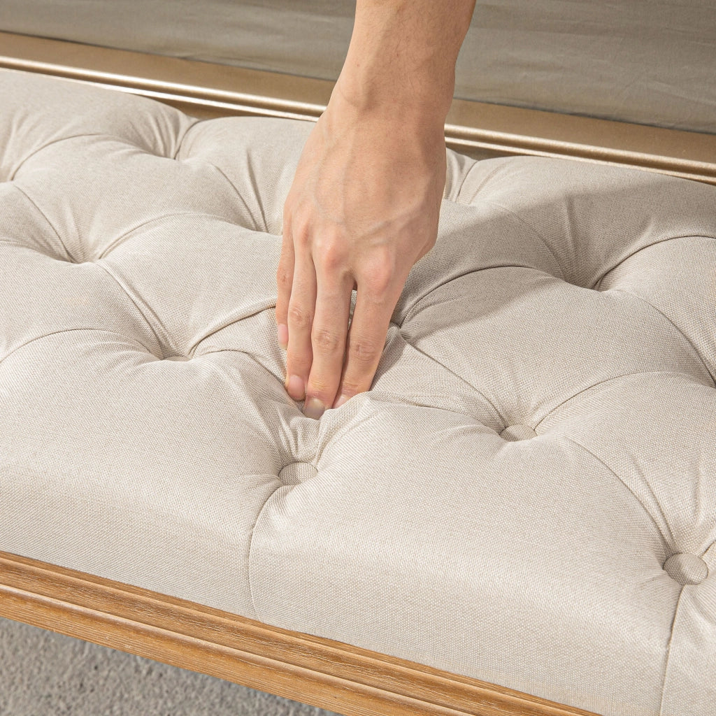 Panca da letto imbottita con bottoni e gambe in legno, stile francese, in poliestere bianco crema, 120 × 41 × 48 cm